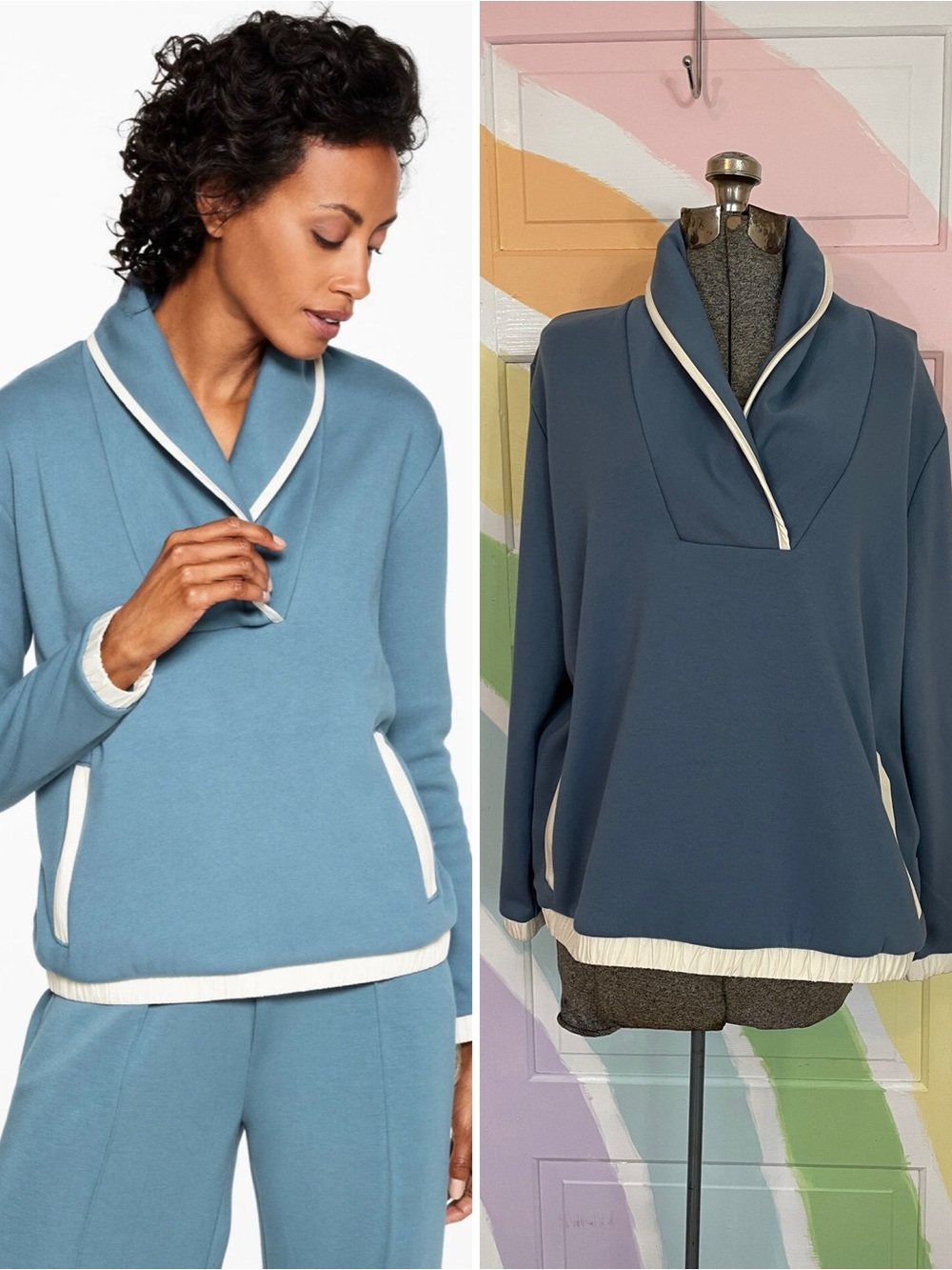 Talbots Cozy Cloud Shawl Collar Pullover Sweatshirt Manor Blue Women's XLP 💚🎀
